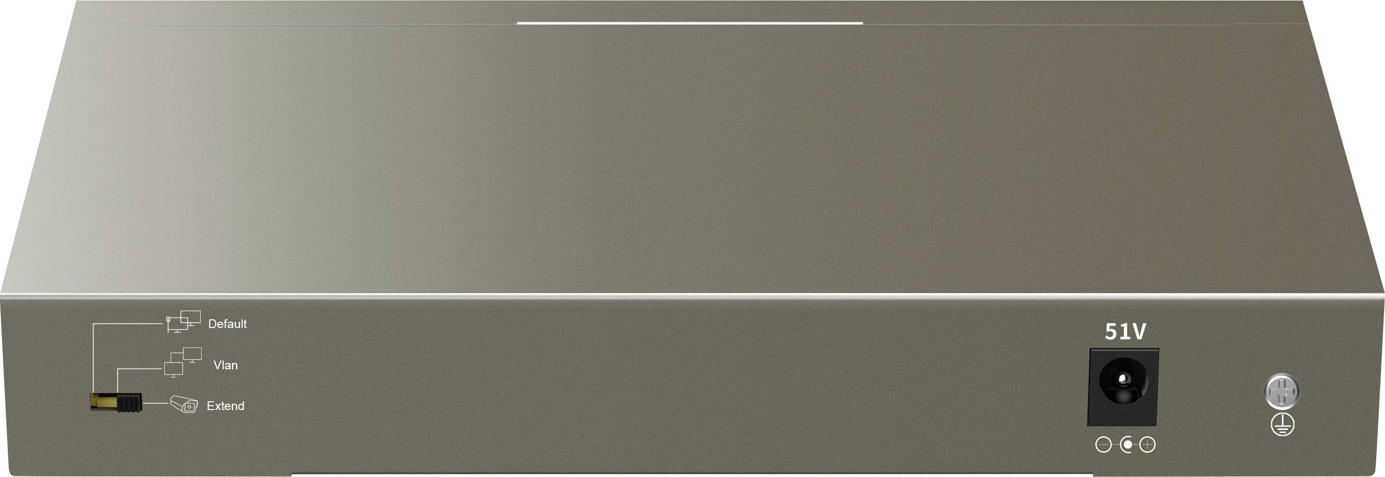 Metalowa skrzynka z przełącznikiem i złączem do źródła zasilania 51V. Diagram po lewej stronie przedstawia opcje podłączenia: 'Domyślne', 'Główne', 'Rozszerzone'.