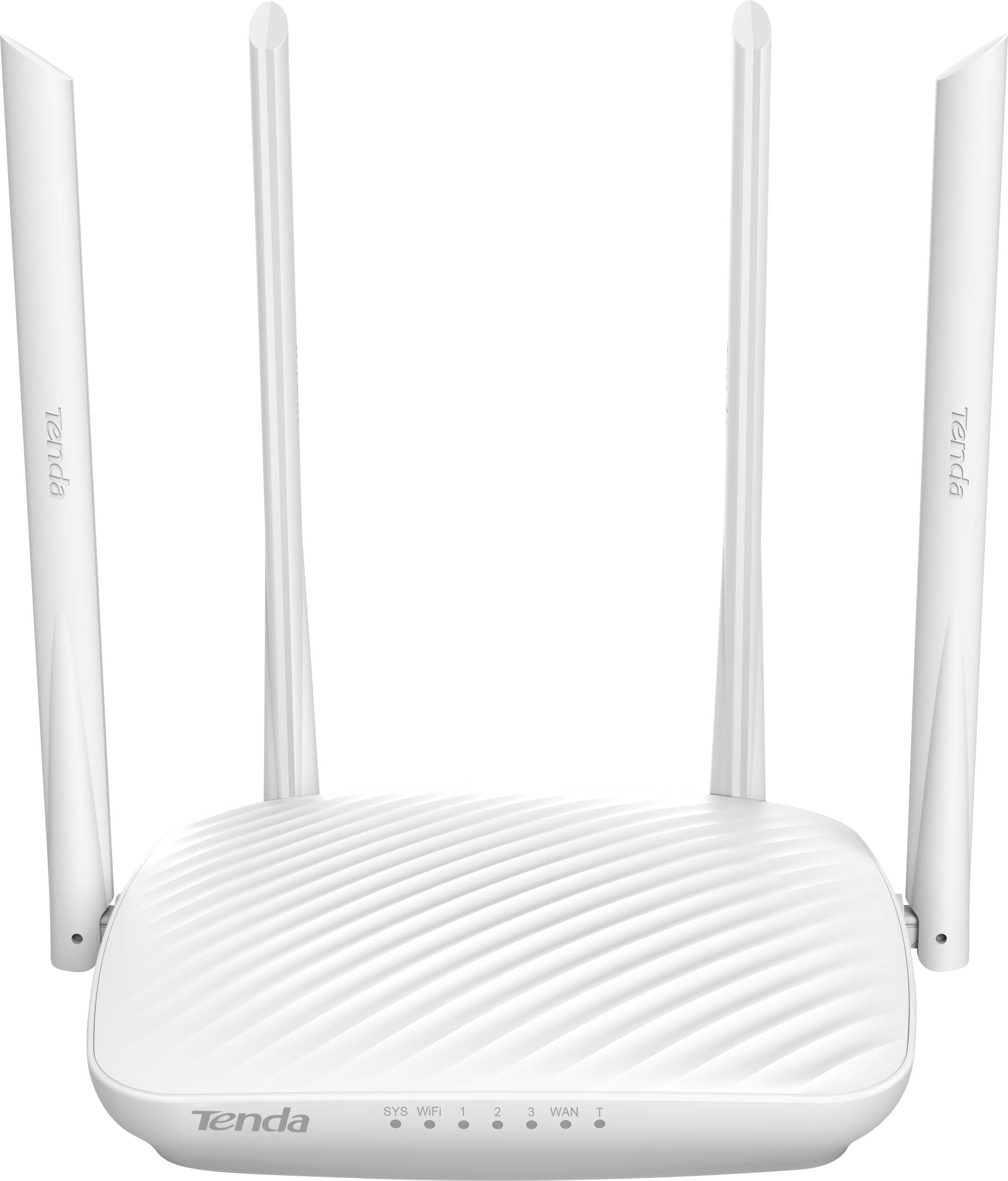 Biały router Wi-Fi z czterema antenami. Urządzenie posiada falistą strukturę na górnej powierzchni i wyświetla wskaźniki statusu z przodu.