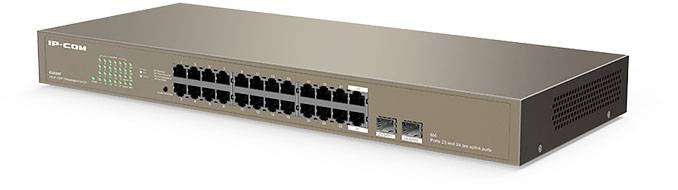 24-portowy przełącznik sieciowy z wyświetlaczami LED oraz dwoma dodatkowymi portami SFP do zaawansowanych połączeń sieciowych.