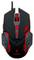 Czarna mysz gamingowa z czerwonymi akcentami i podświetlanym kółkiem przewijania, przeznaczona do gier komputerowych.
