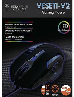 Opakowanie myszki gamingowej z czarną myszką, podkreślone cechy: podświetlenie LED, programowalne przyciski, wysoka rozdzielczość DPI. Kompatybilna z systemami Windows i MacOS.