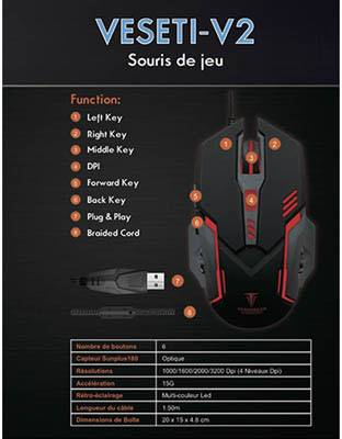 Mysz gamingowa 'VESETI-V2' z funkcjami: lewy przycisk, prawy przycisk, regulacja DPI, kabel pleciony; 6 przycisków, czujnik optyczny, złącze USB.