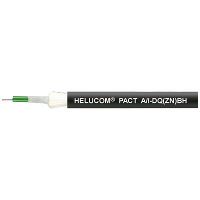Obraz przedstawia kabel światłowodowy z napisem 'HELUCOM® PACT A/J-DQ(ZN)BH'. Jest on czarny i zawiera kolorowe włókna wewnątrz.