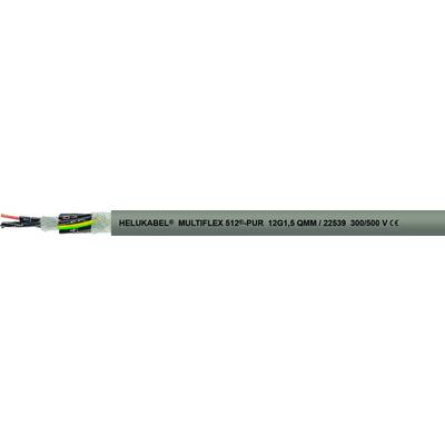 Kabel z czarną izolacją i kolorowymi przewodami. Tekst na kablu: 'HELUKABEL MULTIFLEX 512-PUR 12561 0.6MM² 22528 300/500 V ∙ ∙ VDE ∙ ∙'.