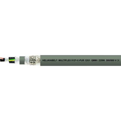 Szary kabel z napisem 'HELUKABEL MULTIFLEX 512-PUR 12G1 0MM² 22959 300/500 V CE', ukazujący przewody wewnętrzne i ekranowanie.