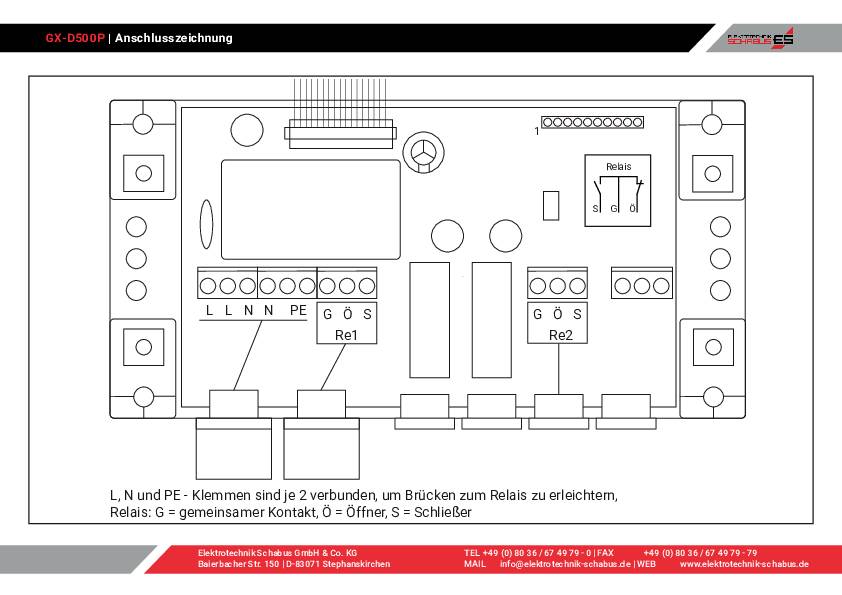 'Schemat połączeniowy układu elektrycznego z przekaźnikiem, złączami czujników oraz oznaczeniami przewodów L, N, PE w dwóch punktach.'