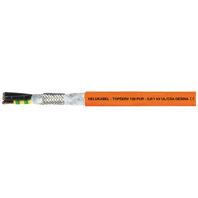 Kabel z izolacją w kolorze pomarańczowym, z oznaczeniem 'HELUKABEL - TOPSERV 100 PUR - 0,6/1 kV UL/CSA DESINA CE', metalowo osłonięty.