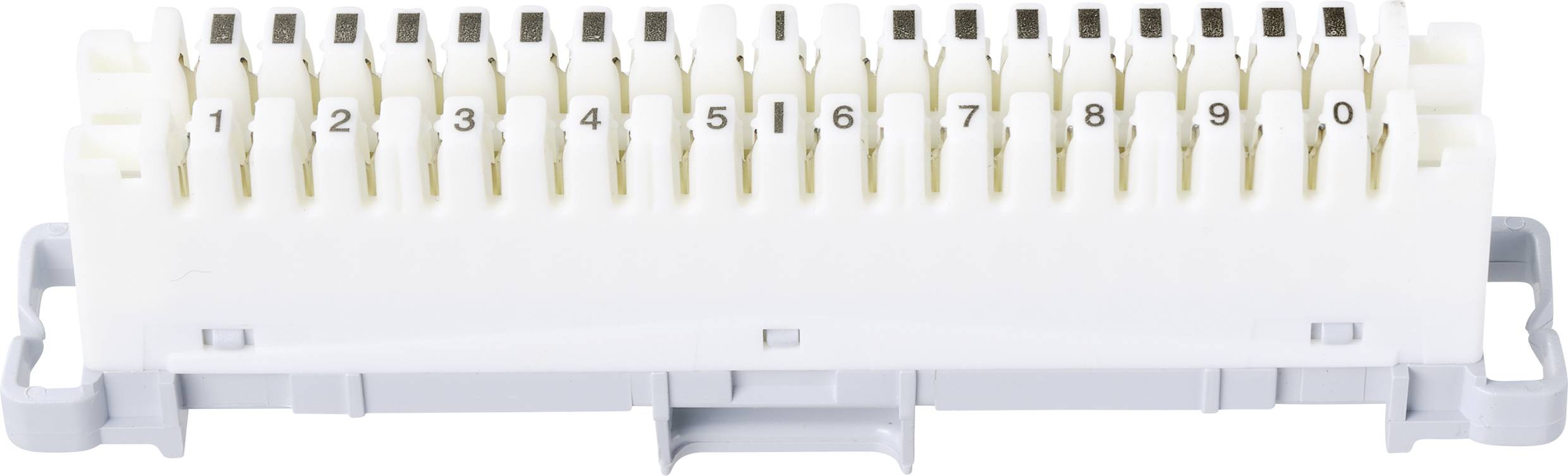 Biały elektryczny element rozdzielczy z numerowanymi zaciskami od 1 do 0. Wykonany z tworzywa sztucznego, stosowany w systemach okablowania.