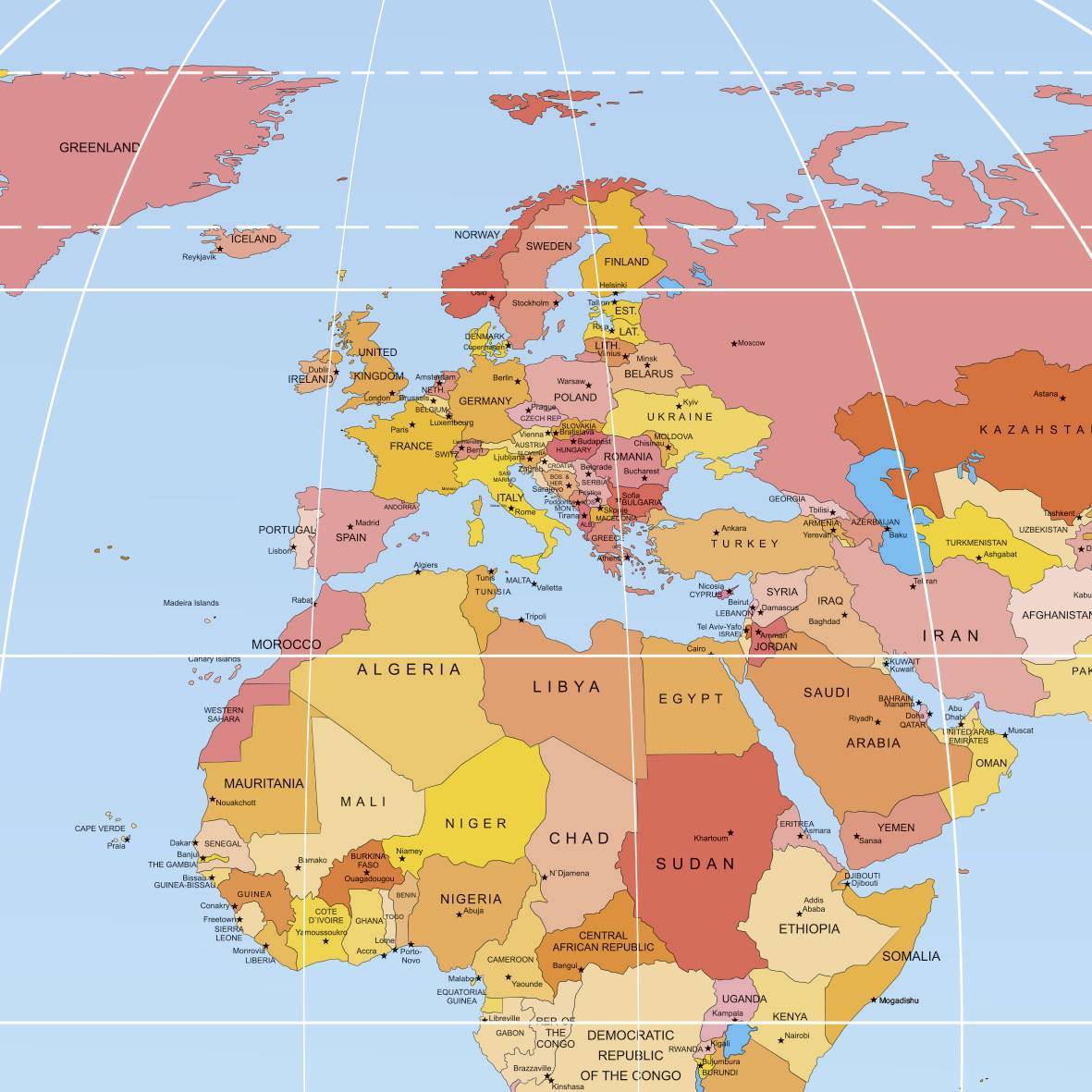 Polityczna mapa Europy oraz części Afryki i Azji, przedstawiająca granice państw i ich nazwy, duże miasta oraz oceany w różnych kolorach.