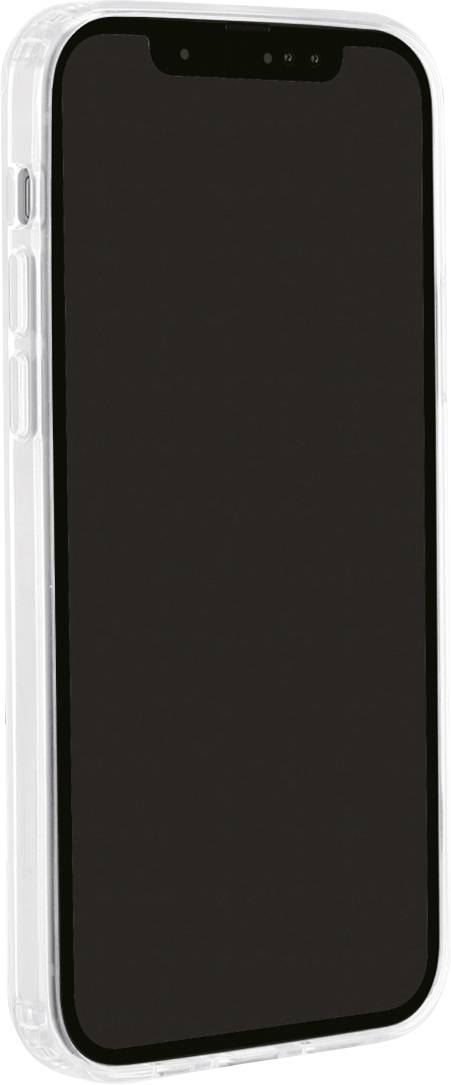 Smartfon z czarnym ekranem w przezroczystym etui.