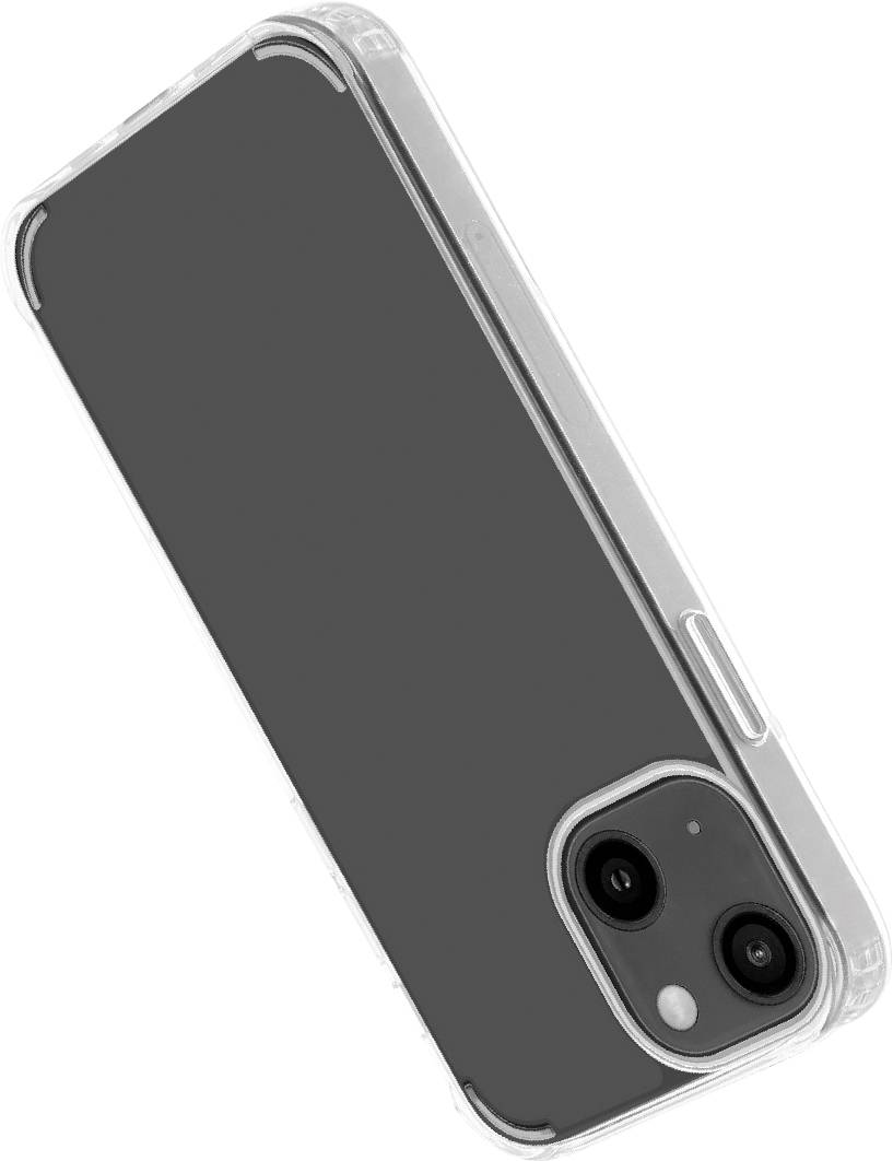 Smartfon w przezroczystej obudowie ochronnej, widok od tyłu, obiektywy aparatu widoczne w górnym prawym rogu.