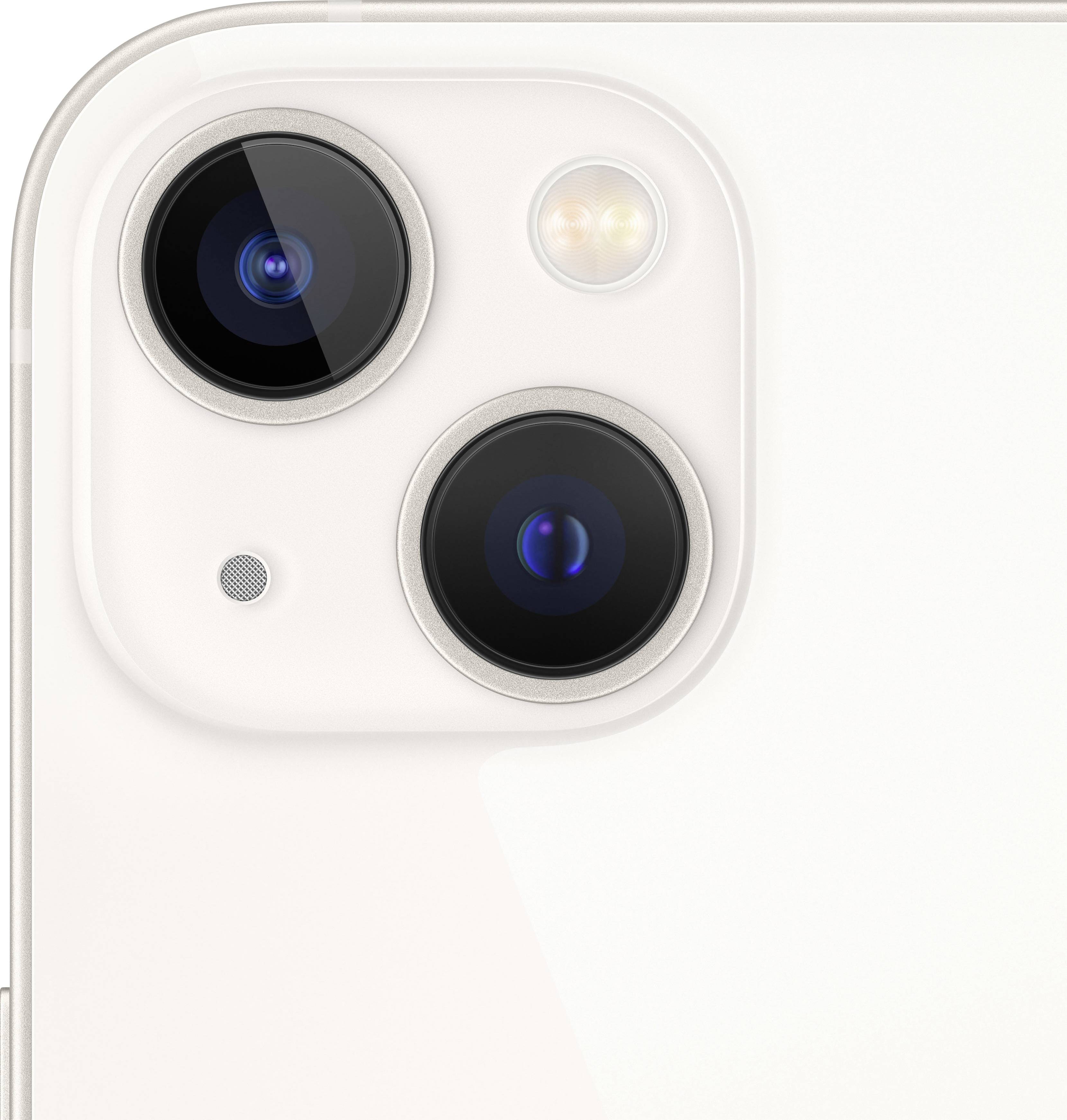 Tylna strona iPhone'a z dwoma obiektywami kamery, mikrofonem i lampą błyskową, w białym kolorze obudowy.