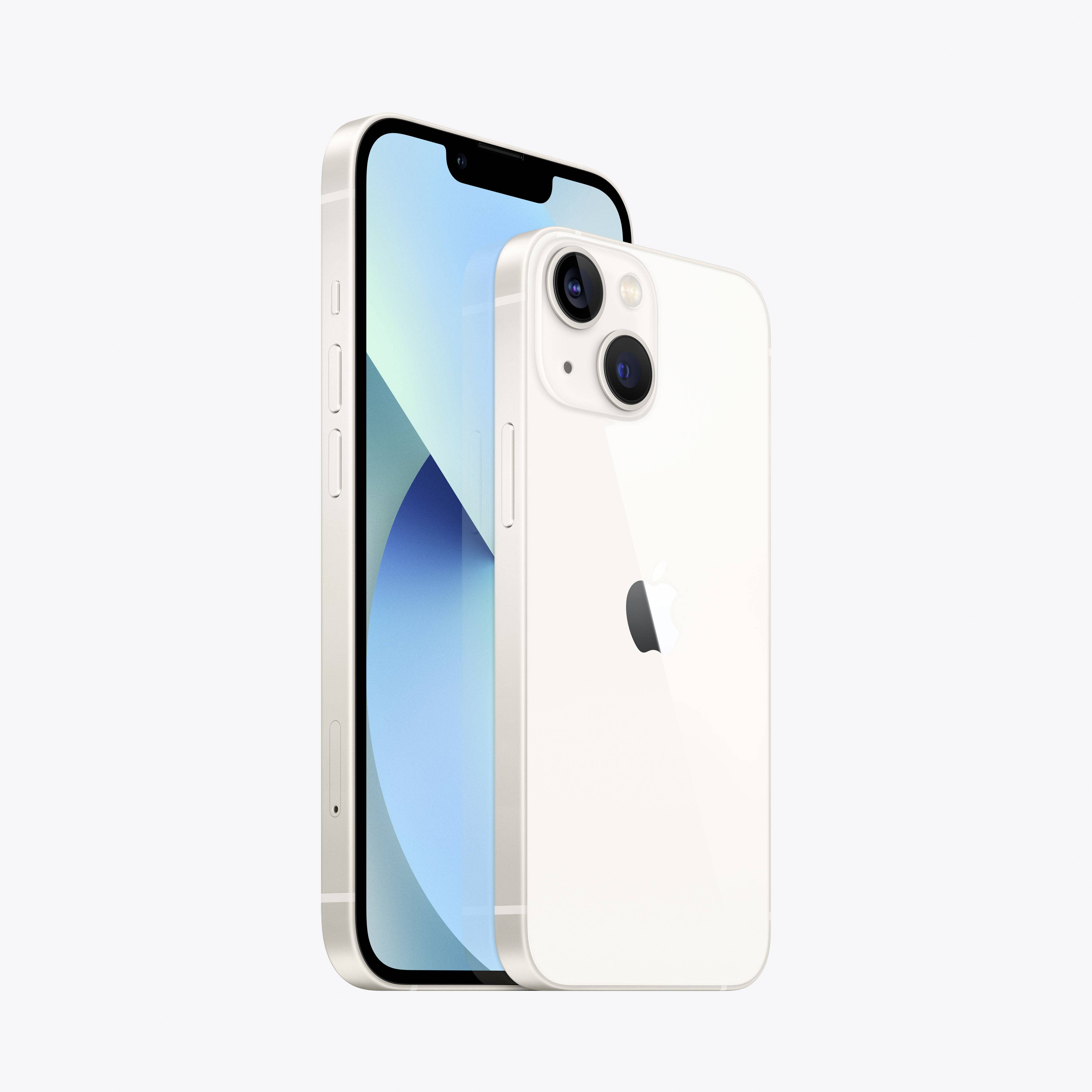 Biały smartfon z zaokrąglonymi rogami i dwoma tylnymi aparatami fotograficznymi. Na tylnej obudowie widoczne jest logo Apple.