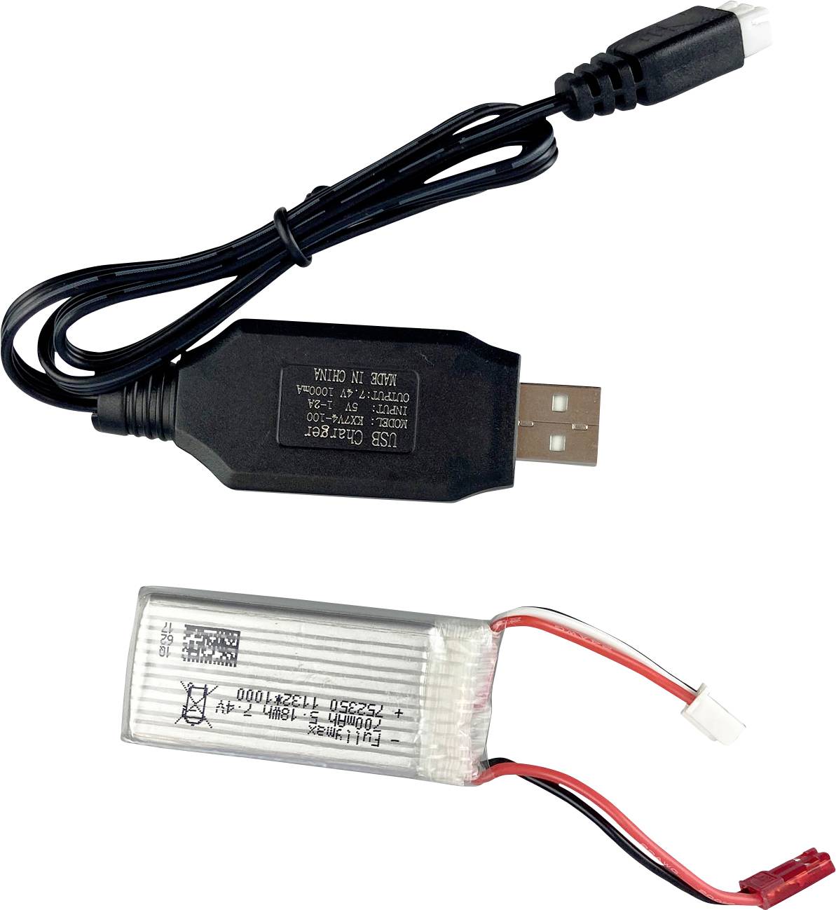 Czarny kabel USB do ładowania oraz srebrny, prostokątny akumulator z czerwonymi i czarnymi przewodami. Odpowiedni do urządzeń elektronicznych.