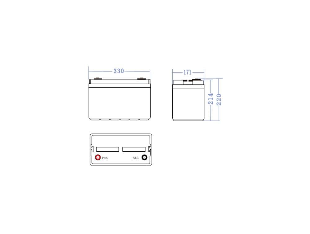 Diagram baterii z wymiarami: długość 330 mm, szerokość 171 mm, wysokość 214 mm. Oznaczone bieguny dodatni i ujemny.