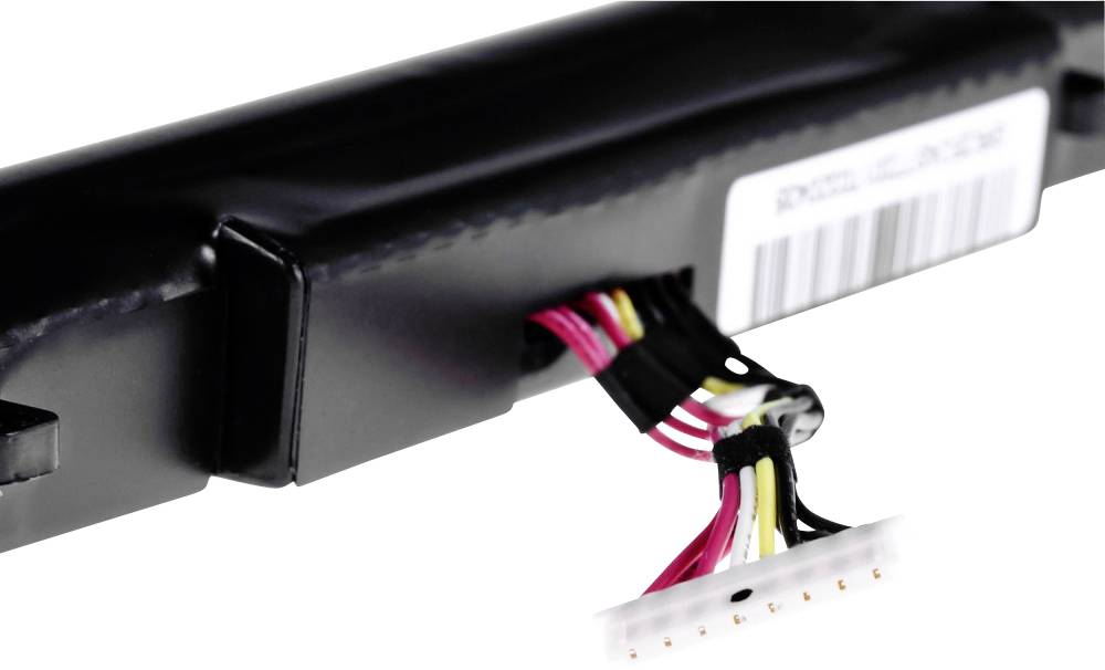 Czarny element elektroniczny z wystającym pękiem przewodów w różnych kolorach, z białą etykietą z napisami po bokach.