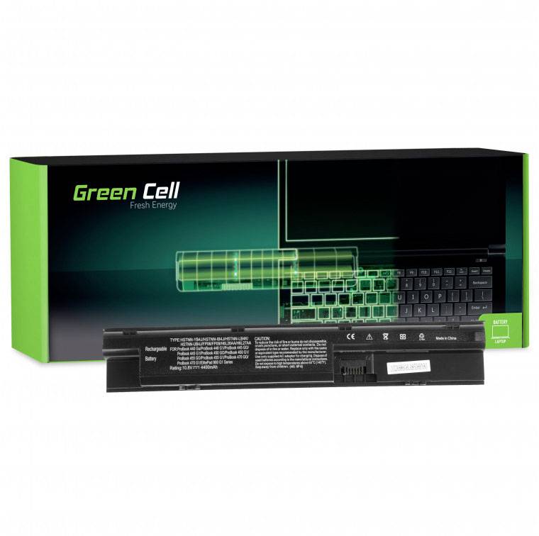 Zielona i czarna bateria do laptopa firmy Green Cell. Przednia strona prezentuje specyfikacje techniczne oraz projekt produktu.