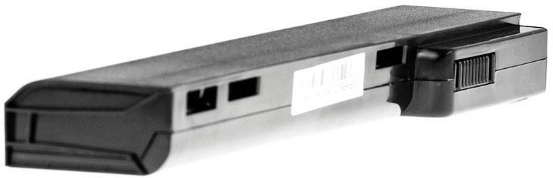 Czarny akumulator do laptopa w kształcie prostokąta z etykietą na boku, przedstawiony na białym tle.