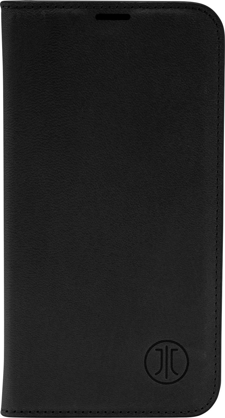 Czarne etui na telefon z czarnej skóry z wytłoczonym logo w dolnym prawym rogu, zamknięte.
