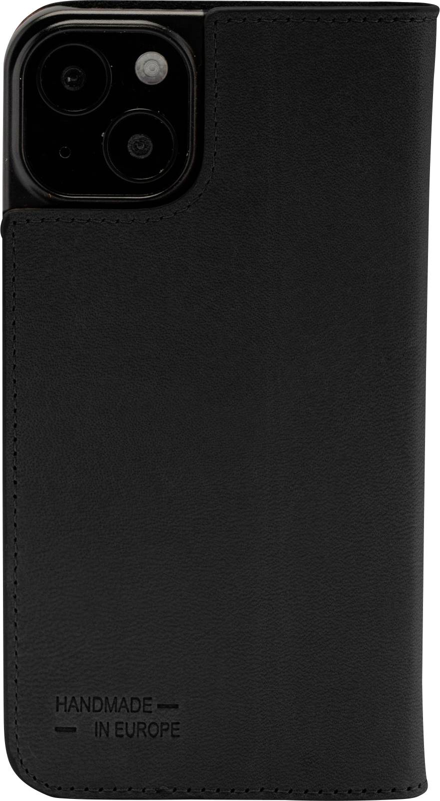Czarna skórzana obudowa na telefon z tłoczonym napisem 'Handmade in Europe', prezentuje wysokiej jakości i eleganckie wykonanie.