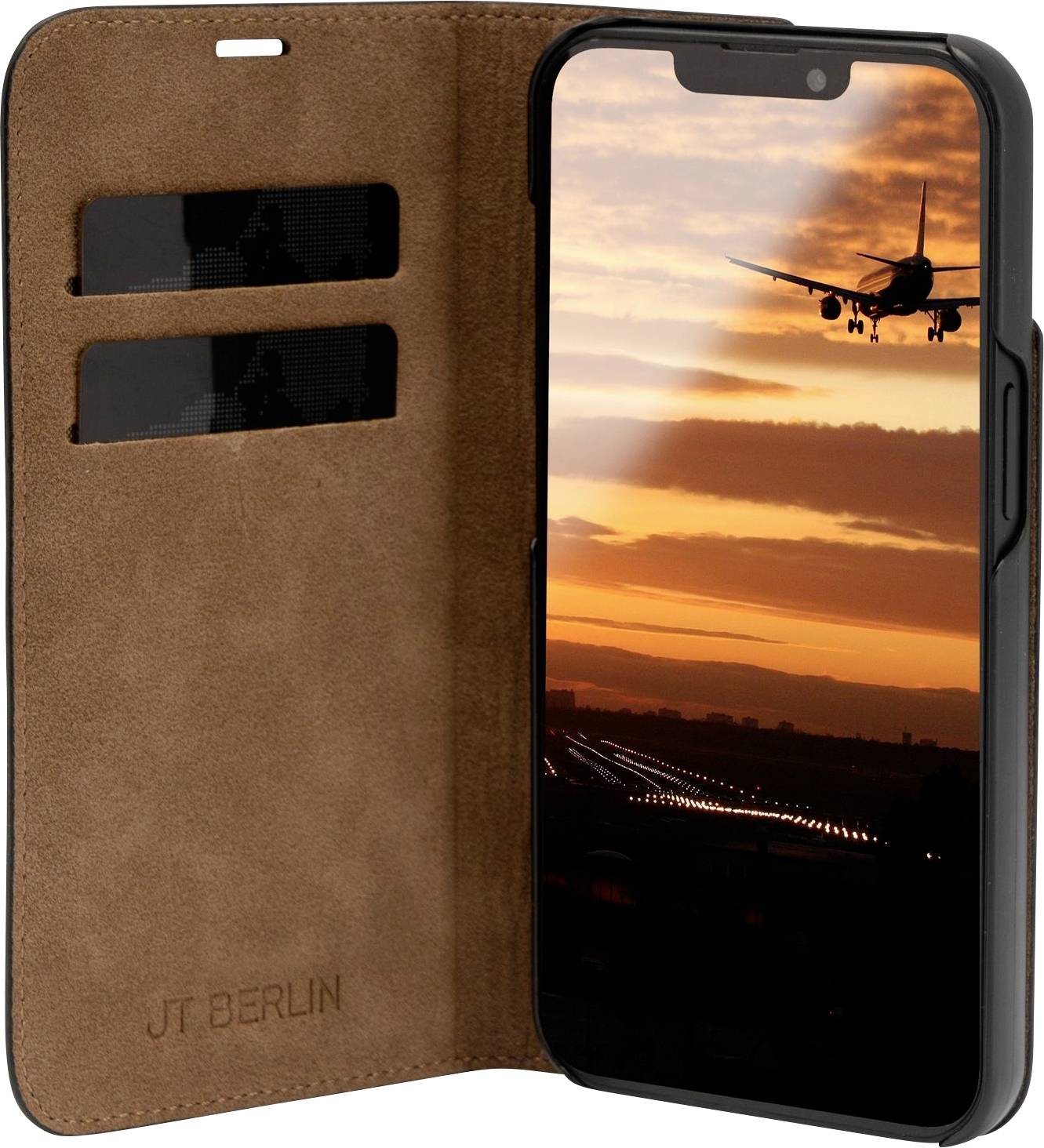 Otwarta obudowa telefonu z telefonem wyświetlającym zdjęcie samolotu o zachodzie słońca. Etui posiada kieszonki na karty po lewej stronie.