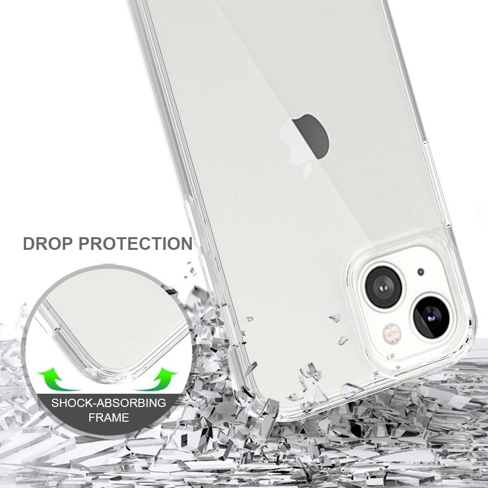 IPhone z przezroczystym etui, ukazujący pochłaniającą wstrząsy ramkę i symboliczne rozbite szkło, przedstawiający ochronę przed upadkami i wstrząsami.