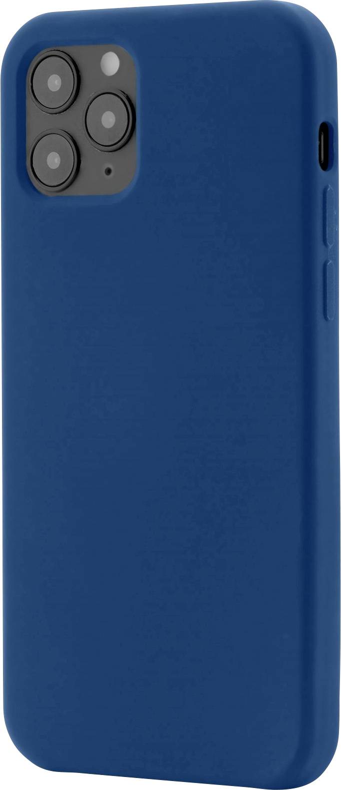 Niebieski smartfon w niebieskim etui, widziany od tyłu, z trzema obiektywami aparatu i czarnym przyciskiem widocznym z boku.