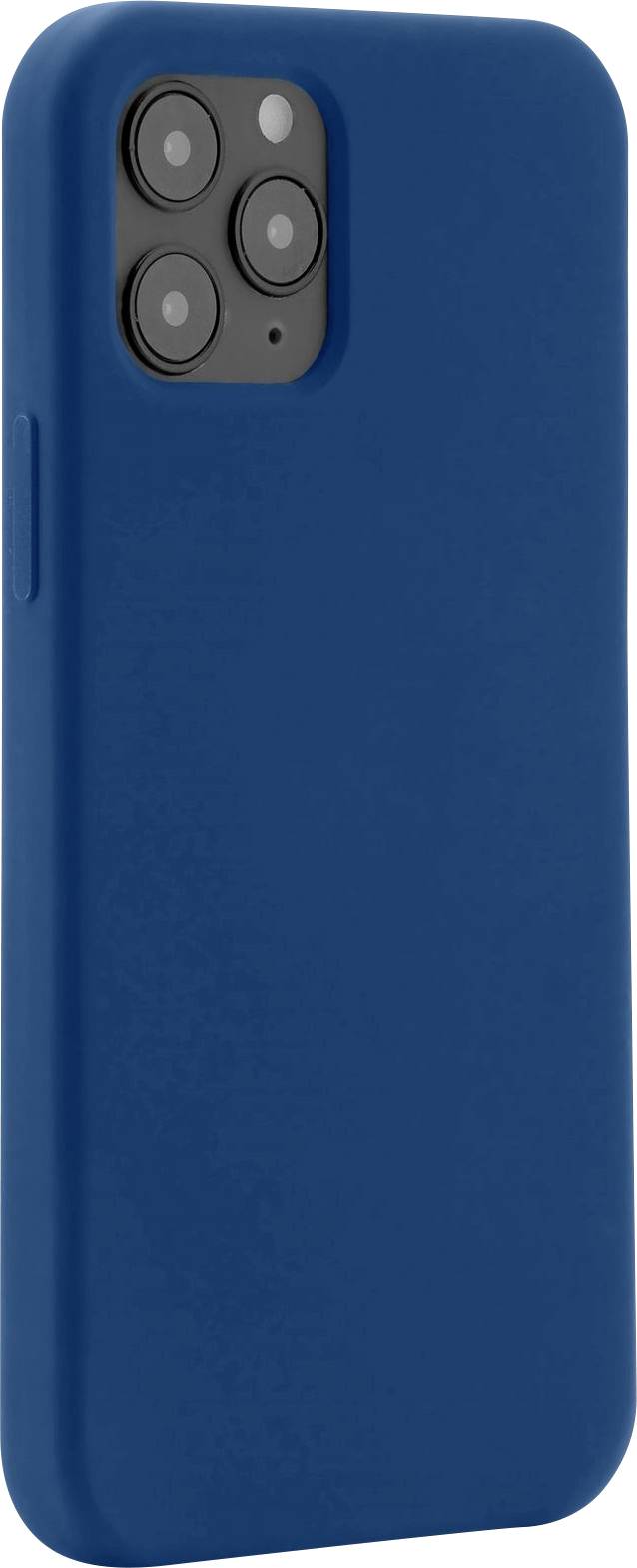 Smartfon z niebieską obudową, widziany od tyłu. Aparat z trzema obiektywami w lewym górnym rogu.