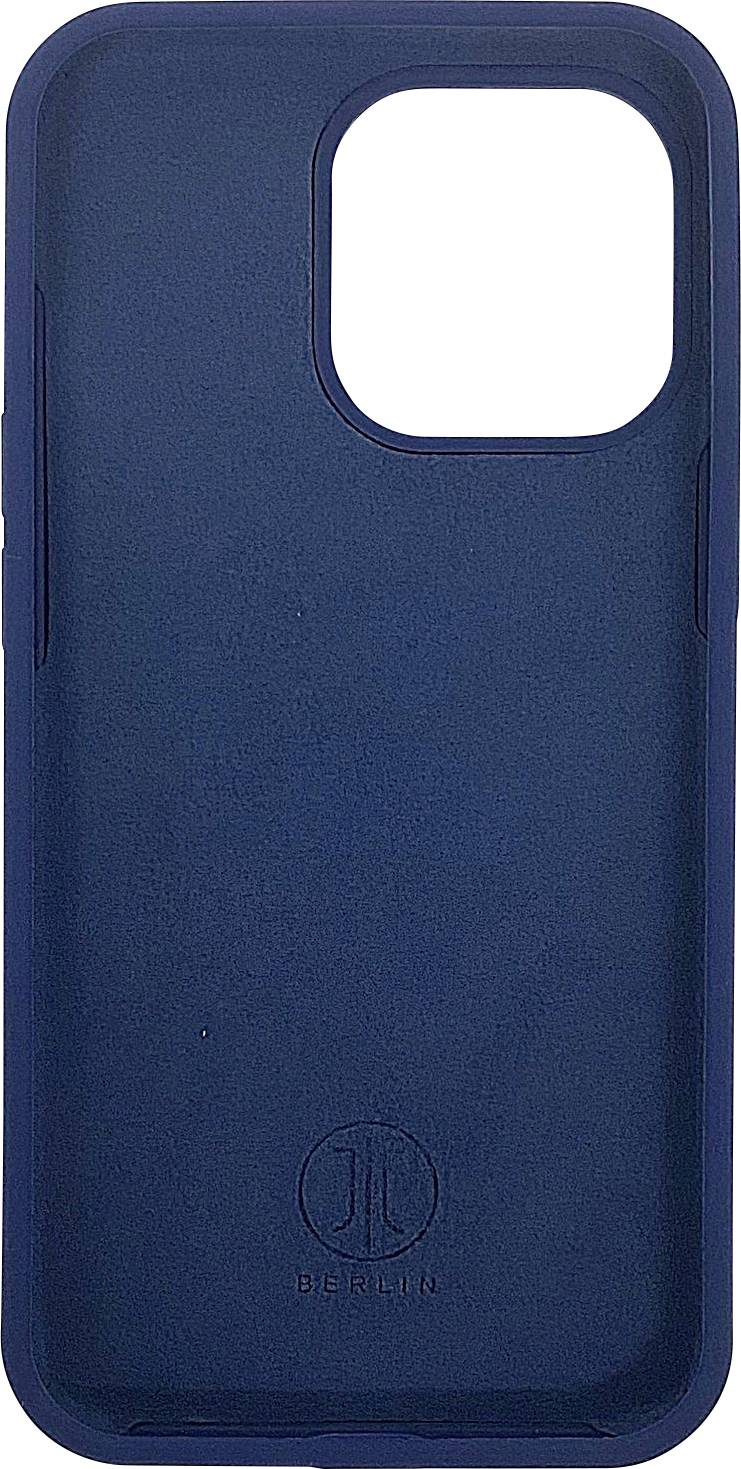 Niebieskie etui na telefon ze skóry z wycięciem na aparat, o prostym designie.