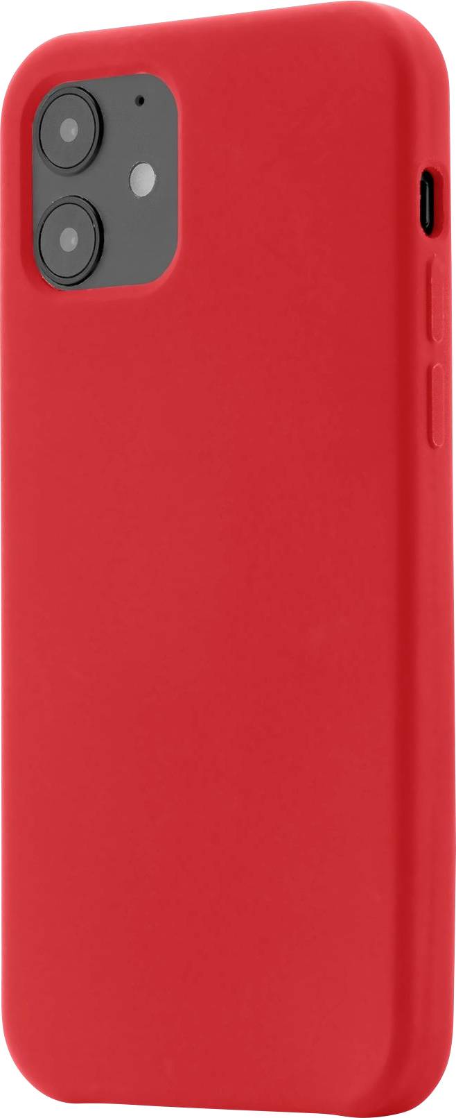 Czerwony smartfon z dwoma obiektywami aparatu w czerwonym etui, stojący pionowo.