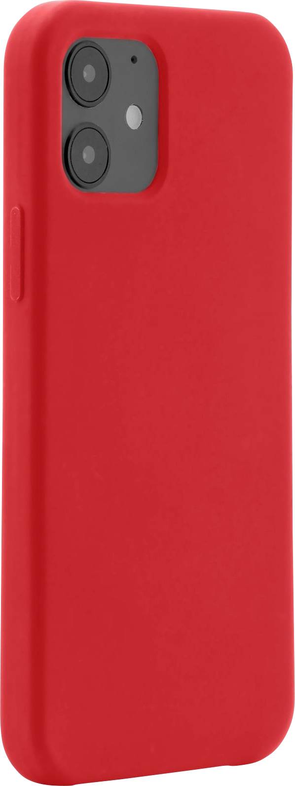 Czerwone, gładkie etui na telefon z wycięciami na aparat i przyciski; dopasowane do smartfona.
