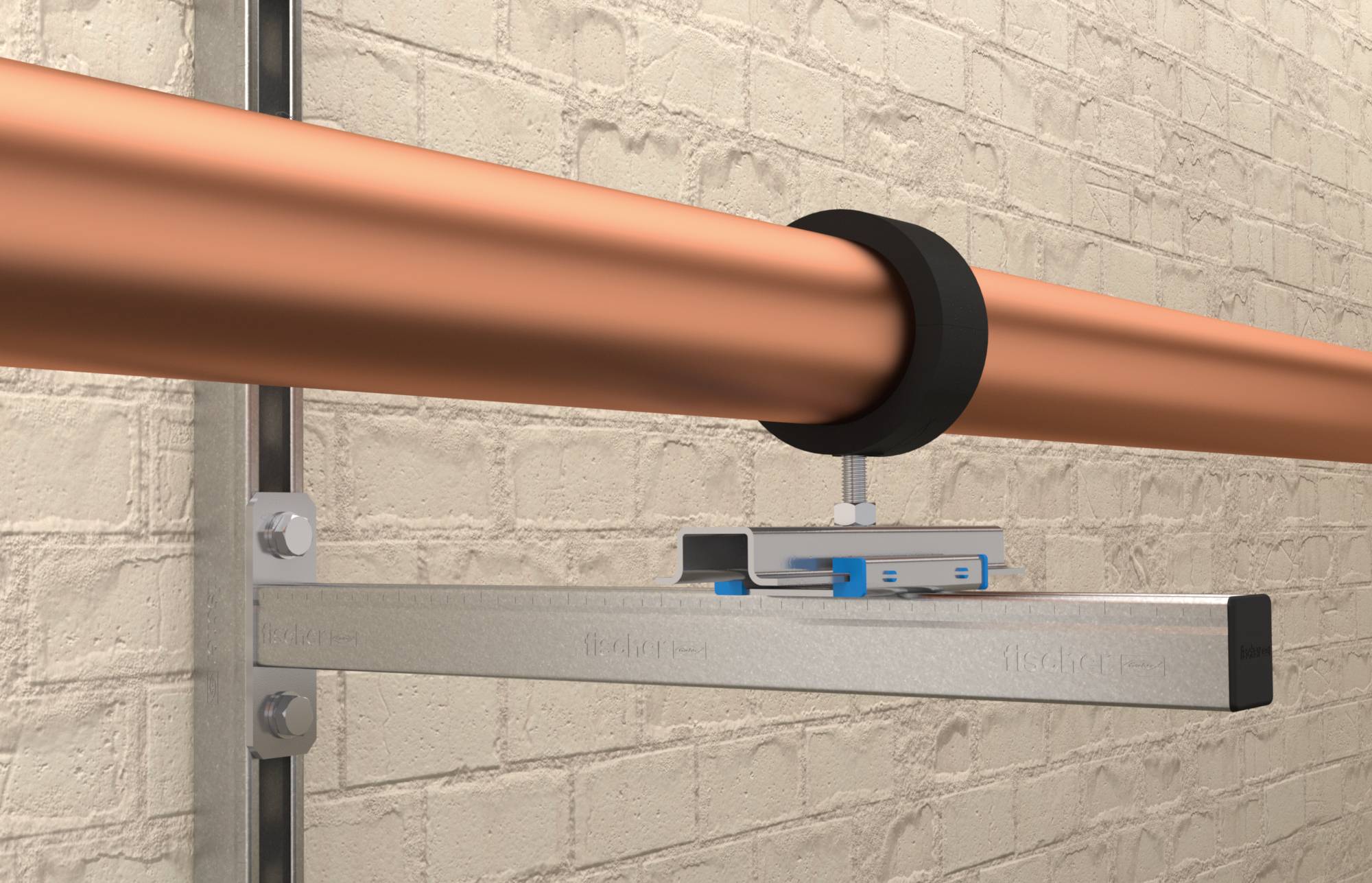 Wspornik rury przymocowany do ściany z cegły. Miedziana rura spoczywa pewnie na uchwycie. Mocowanie jest metalowe i prostopadłe.