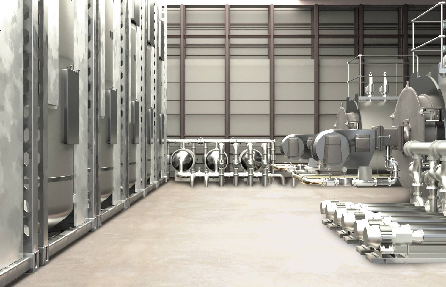 Przemysłowy maszynownia z dużymi metalowymi zbiornikami i rurociągami w nowoczesnym budynku fabrycznym.