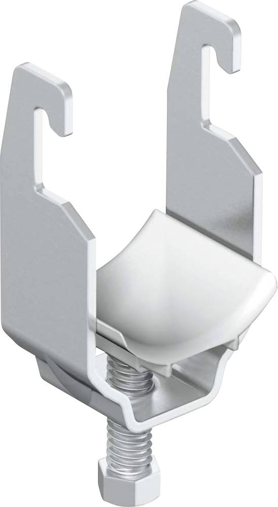 Metalowa klamra ze śrubą i hakiem, odpowiednia do mocowania przedmiotów do ram lub struktur.