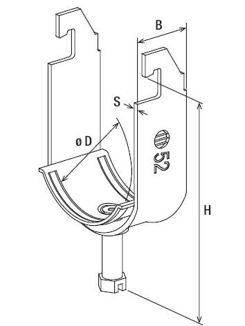 Rysunek techniczny zacisku rurowego z zaznaczonymi wymiarami H, B, S i øD. Przedstawia widok boczny przekroju zacisku rurowego z numerem '52'.