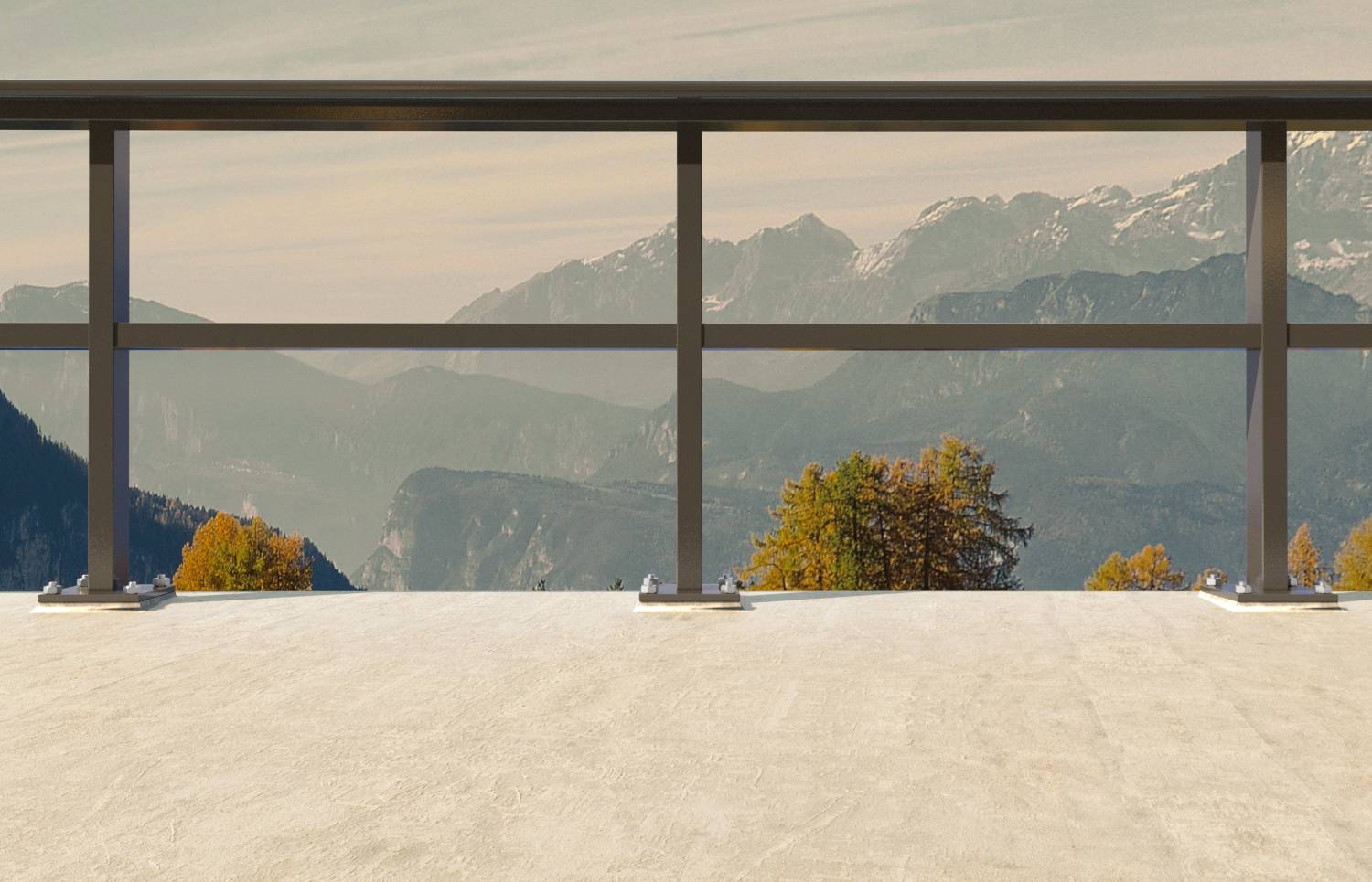 Taras z balustradą, z widokiem na jesienną scenerię z górami i kolorową roślinnością. Czysty, bezchmurny niebo w tle.