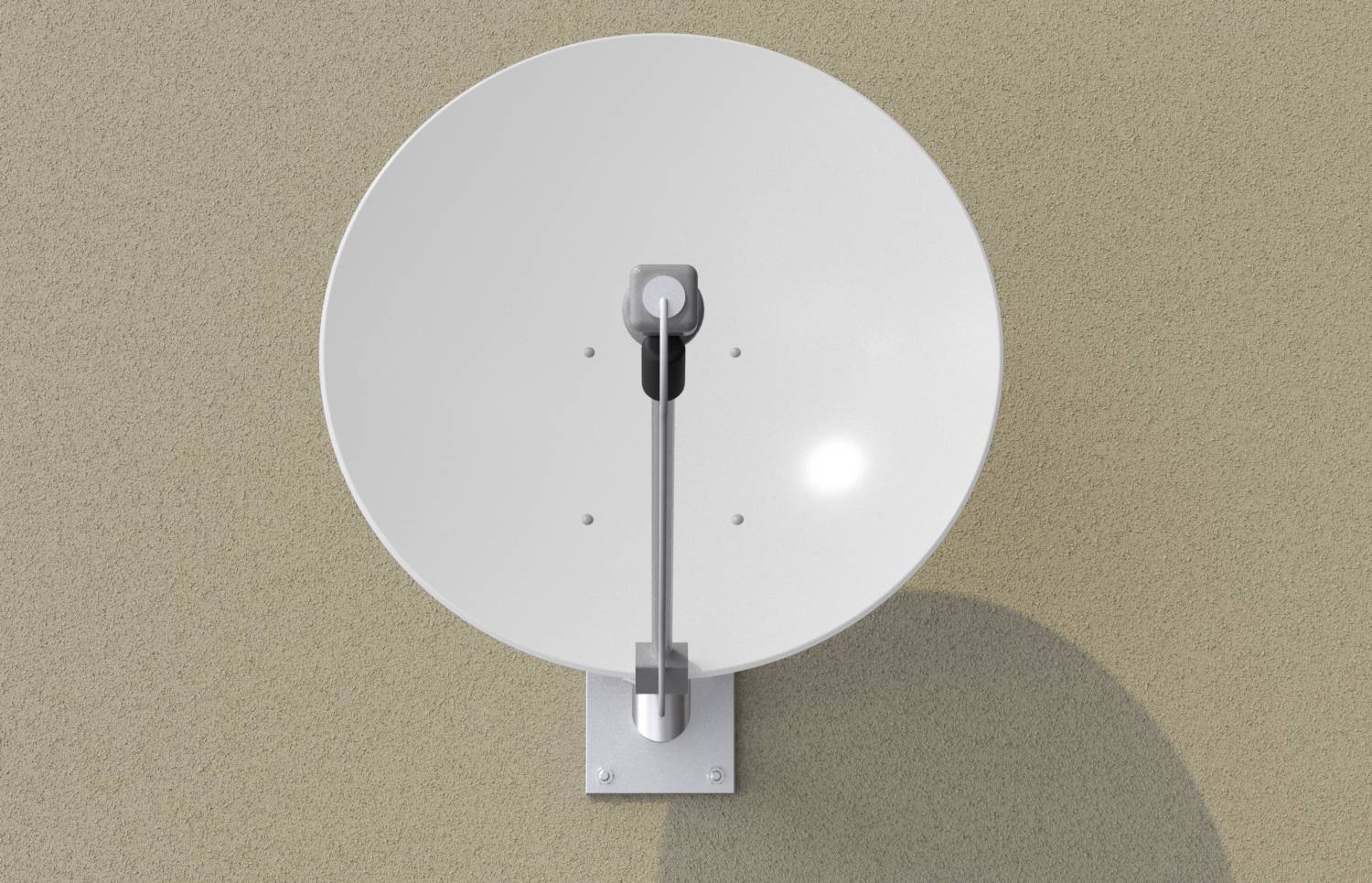 Antena paraboliczna zamontowana na beżowej ścianie.