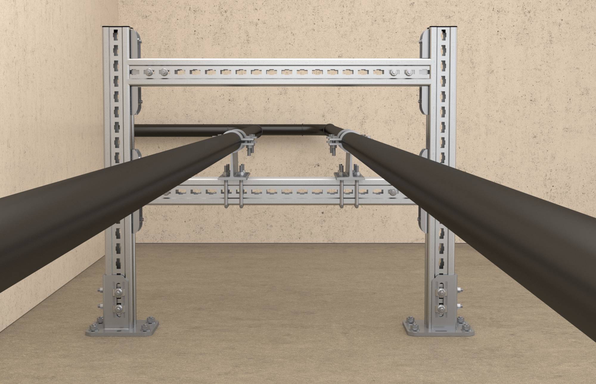 'Dwie czarne rury są zamontowane na srebrnej metalowej ramie i biegną równolegle przez prostą przestrzeń z beżową podłogą.'