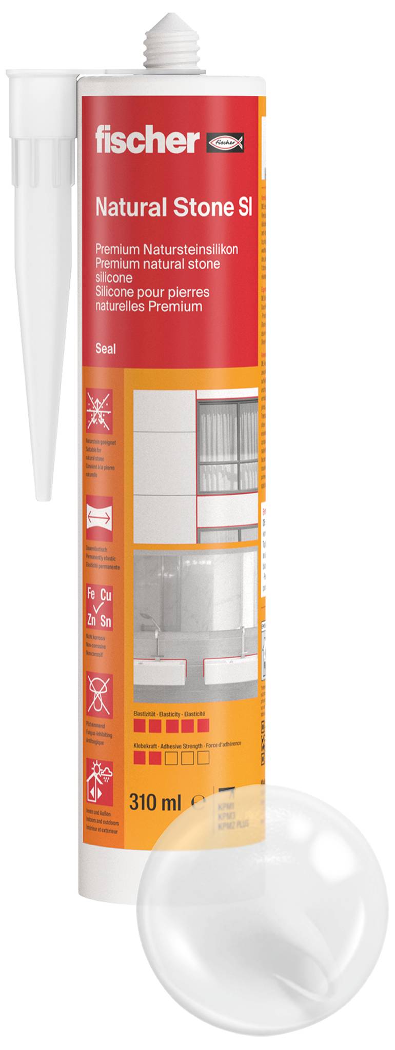 Kartusz uszczelniającego Fischer Natural Stone SI, 310 ml, pokazany z aplikatorem i przejrzystym próbnym sznurem uszczelniającego.