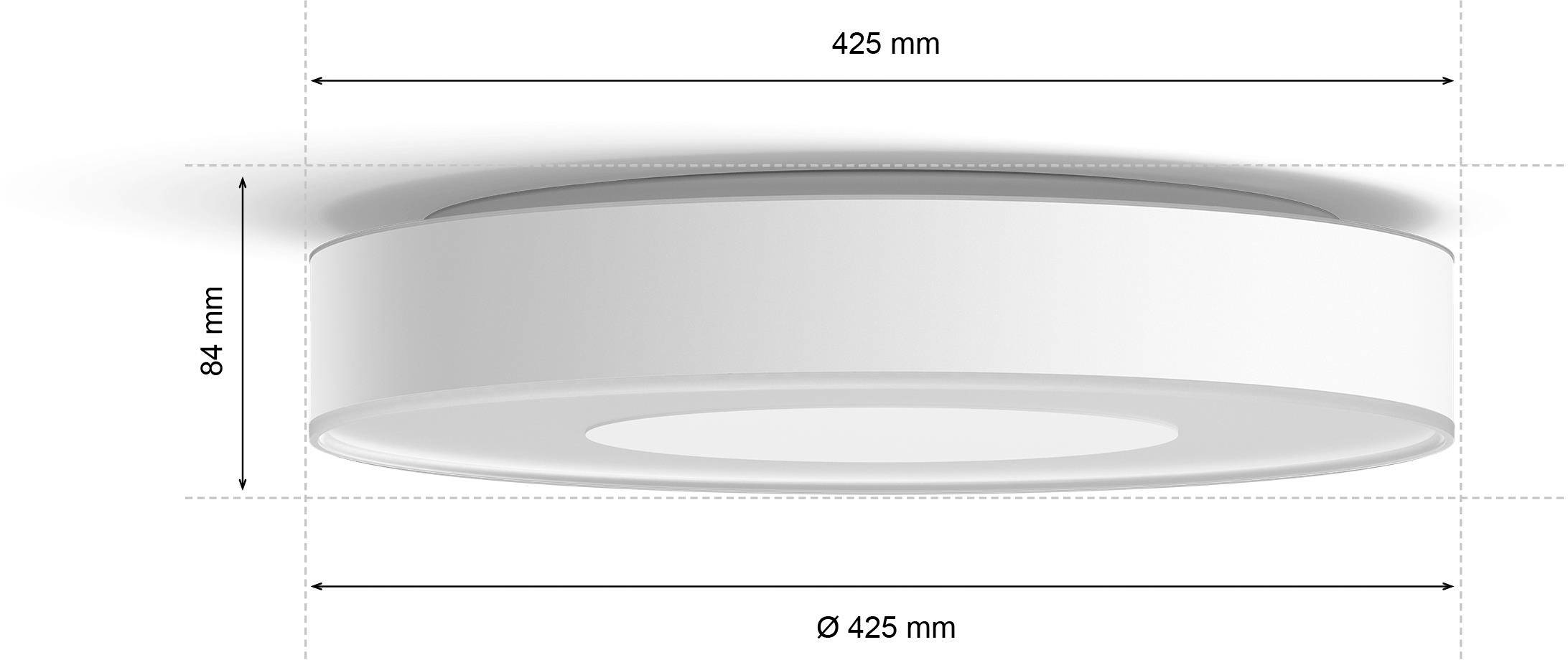 Okrągła lampa sufitowa, sfotografowana z boku. Średnica 425 mm, wysokość 84 mm. Minimalistyczny design, kolor biały.