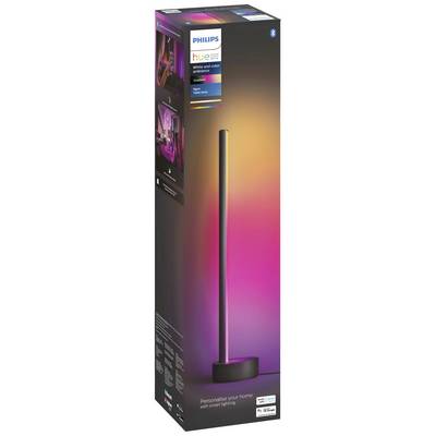 Lampa stojąca Philips Hue w oryginalnym opakowaniu, prezentująca możliwość zmiany kolorów. Na opakowaniu widoczna grafika i logo.
