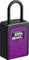 Czarny kłódka z fioletowym frontem, wyświetlająca opcje czterocyfrowego kodu. Symbolizuje bezpieczeństwo i ochronę.