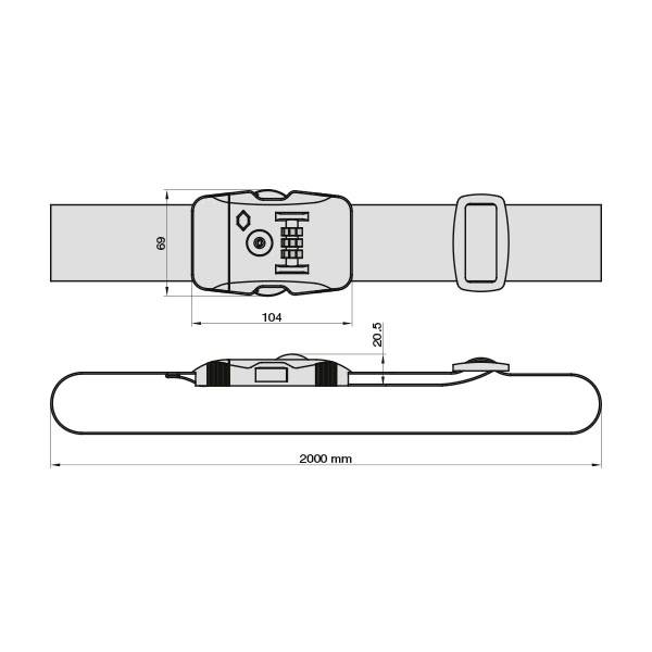 Pas bagażowy z zamkiem szyfrowym i klamrą. Długość: 2000 mm, szerokość: 50 mm. Zamknięcie pokazuje cyfry i zasuwkę.