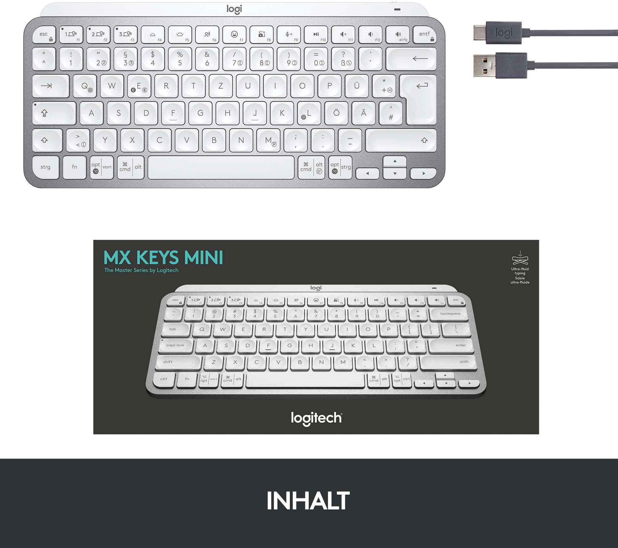 Na górze biała bezprzewodowa klawiatura z odbiornikiem USB, na dole opakowanie produktu 'Logitech MX Keys Mini'.