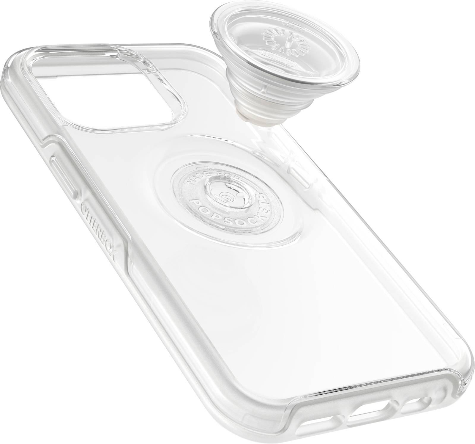 Przezroczyste etui na telefon z wysuwanym, okrągłym uchwytem.