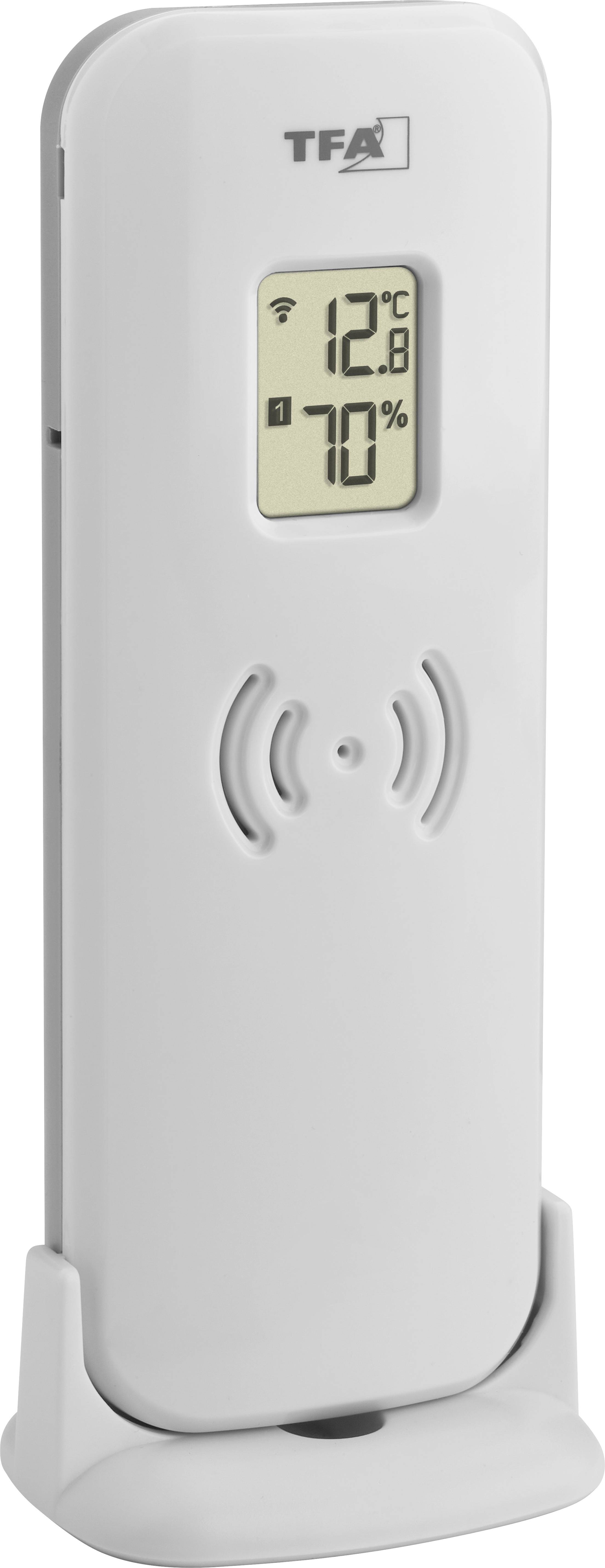 Biały cyfrowy czujnik temperatury i wilgotności z wyświetlaczem. Temperatura: 12,8°C, wilgotność powietrza: 70%.