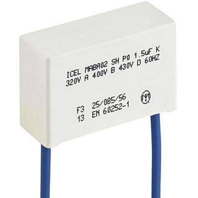 Kondensator z napisem 'ICEL MAB02 SH P0 1,5uF K 320V A 400V B 430V D 60HZ'. Odpowiedni do obwodów elektrycznych.