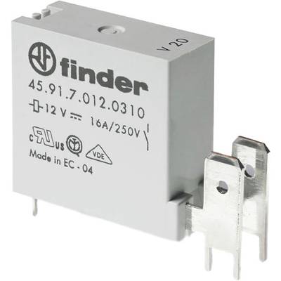 Zdjęcie przekaźnika firmy Finder o numerze modelu 45.91.7.012.0310. Widoczne specyfikacje: 12V, 16A/250V, Made in EC, symbol VDE.