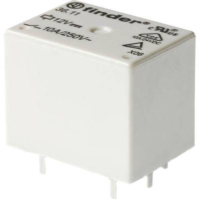 Białe przekaźniki Finder z parametrami 12V i 10A/250V, z wydrukowanymi danymi technicznymi na górnej powierzchni, wyposażone w trzy metalowe styki do połączeń elektrycznych.