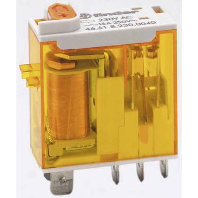 Elektryczne przekaźnik w pomarańczowej obudowie z metalowymi stykami do montażu. Oznaczenie wskazuje '230V AC' oraz dodatkowe szczegóły techniczne.